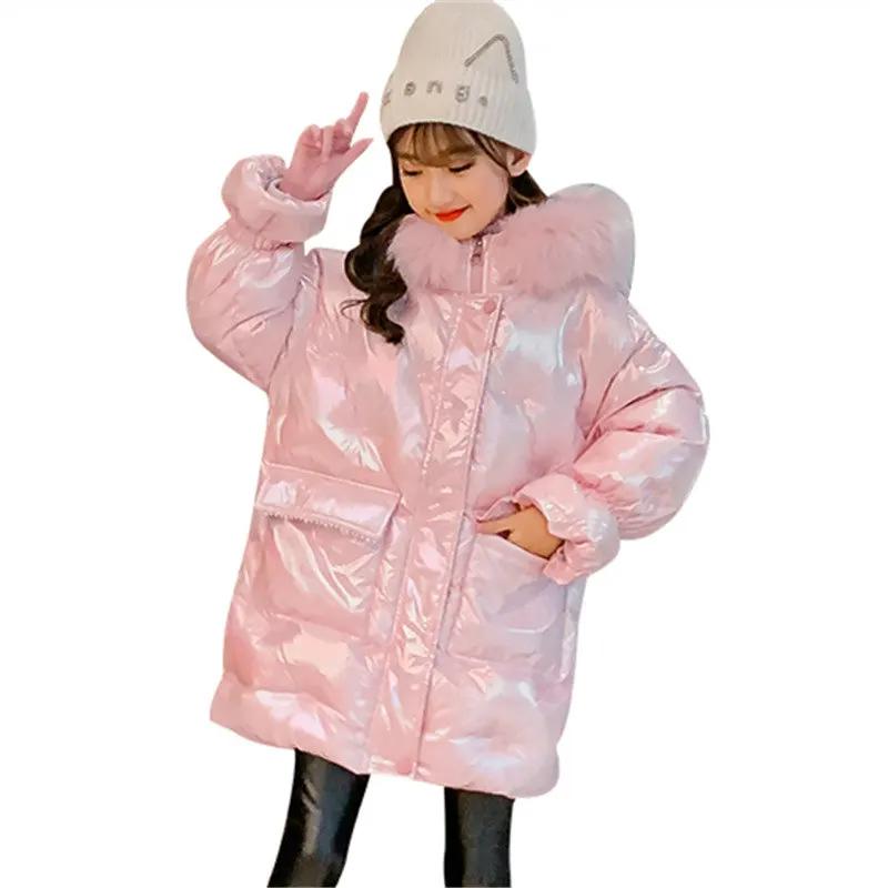 

Fashion Shiny Girls Waterproof Jacket Winter Hooded Pink White Children's Clothes High Quality Outerwear 5 6 7 8 9 10 11 12 13Y