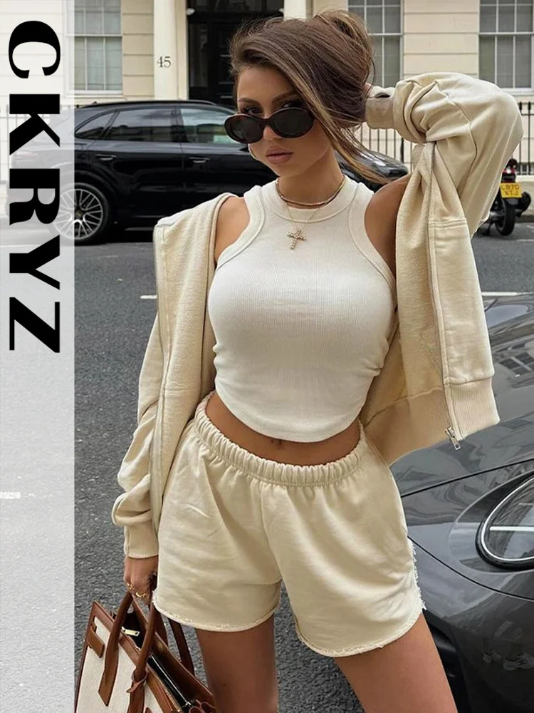 

Женский осенний комплект из 2 предметов, топ на молнии с длинным рукавом и шорты, женская спортивная уличная одежда Y2K, осенняя одежда