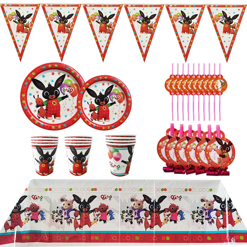 Декорации для детского дня рождения с Бингом Кроликом - бумажные стаканы, тарелки, скатерти, одноразовая посуда, фоновая ткань и подарки.