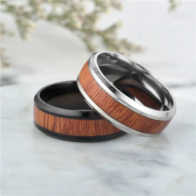 

Stainless Steel Wood Grain Mosaic Ring Fashion Titanium Steel Advanced Men Rings Jewelry Boyfriend Gifts