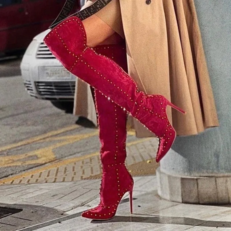 

Sexy Red Suede Rivets Over The Knee Boots Stretch Pointed Toe Stiletto Heel Gold Studded Thigh High Boots Winter Dress Shoes