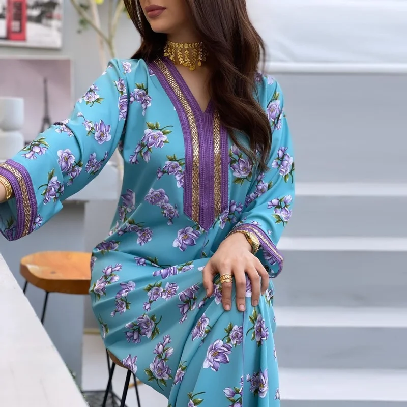 Ramadan Jalabiya Kaftan Dresses for Women Fashion Long Sleeve Abaya Dubai Muslim Print Maxi Robe Moroccan Caftan Arabic Clothing