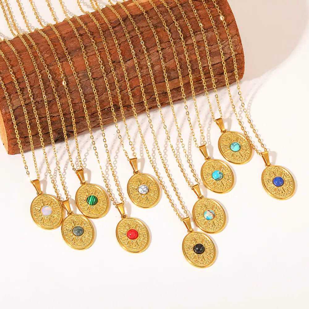 

Vintage Turquoise Stone Pendant Necklace For Women Bohemia Sun Totem Choker Gold Plated Oval Pendant Stainless Steel Jewelry