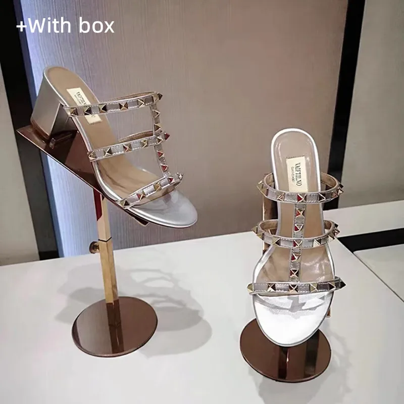 Women's Sandals Summer Luxury Brand Slippers Chunky Heel Real Leather Rivets Shoes Casual Noiseless Designer Silver Ladies shoes