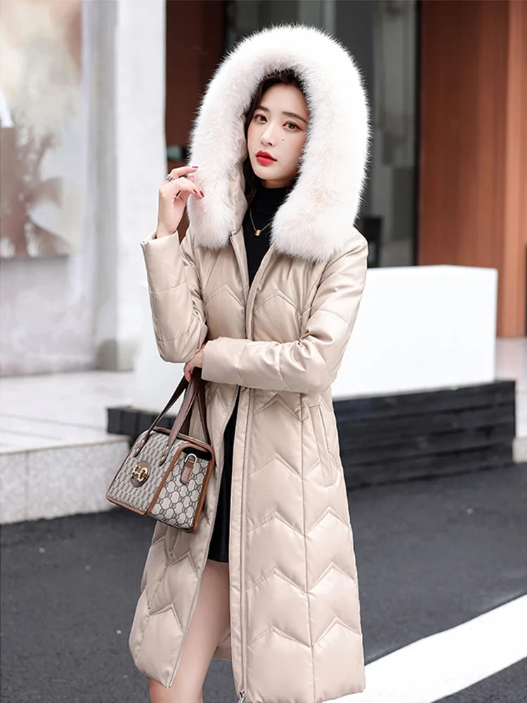 New Women Leather Down Coat Winter Casual Fashion Warm Real Fox Fur Collar Hooded Sheep Leather Down Jacket Slim Long Thick Coat