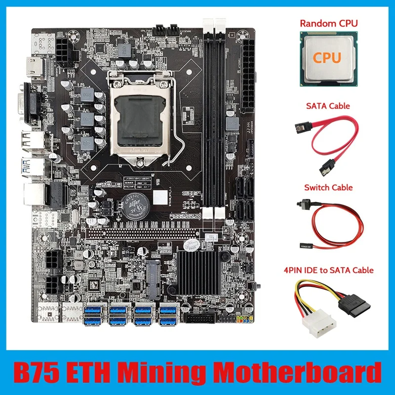 B75 ETH Mining Motherboard 8XPCIE To USB+CPU+4PIN IDE To SATA Cable+SATA Cable+Switch Cable LGA1155 B75 Motherboard