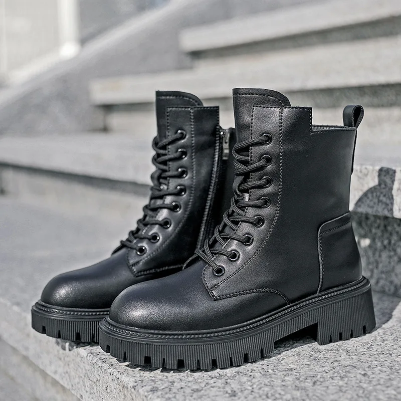 

British style men's fashion platform boots black tide original leather shoes lace-up high top cowboy boot handsome ankle botas