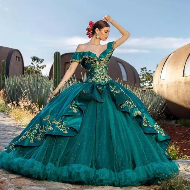 Зеленое мексиканское платье Quinceanera 2023 вышивка бисером аппликация платья XV лет