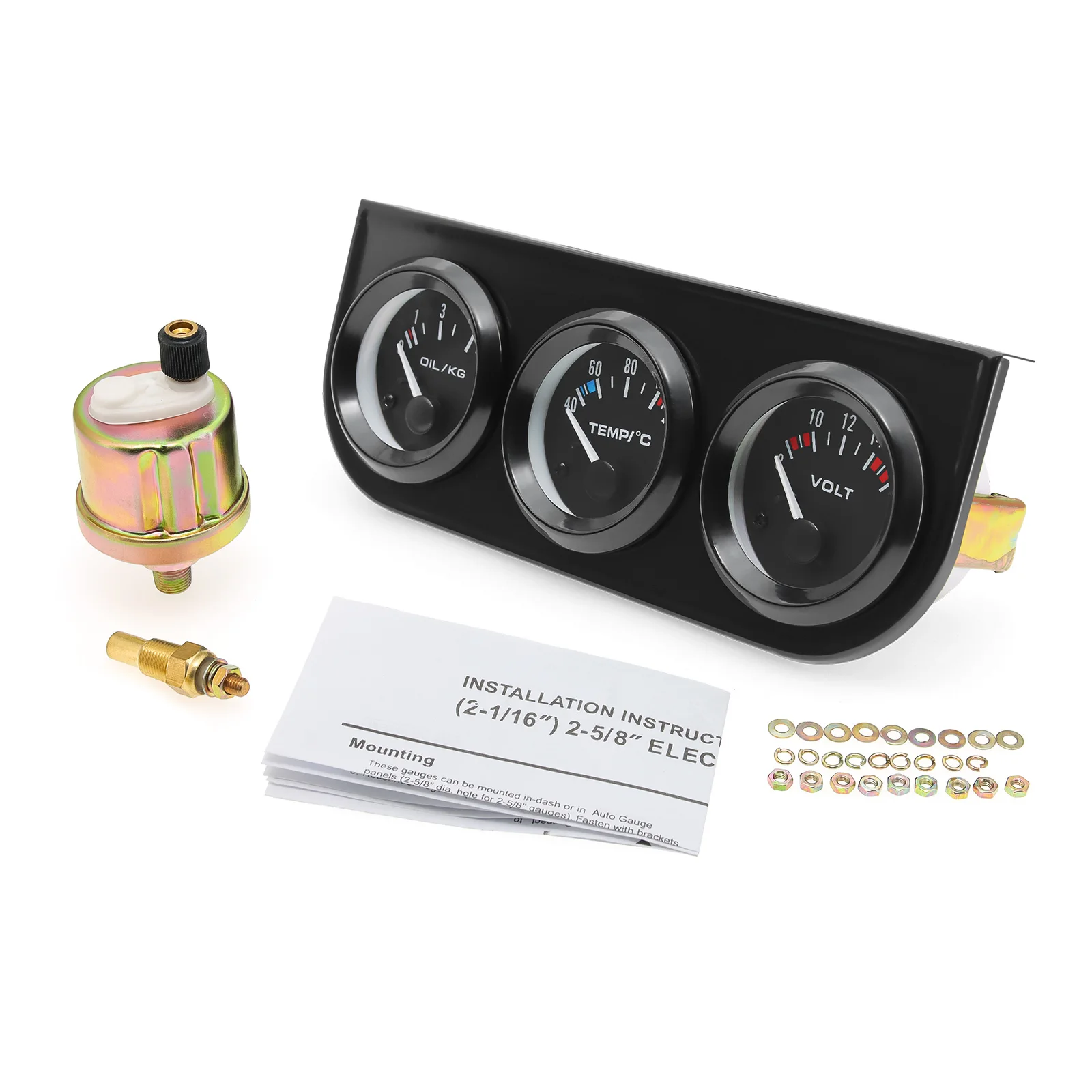 

Тройной комплект 52 мм 3 в 1, вольтметр, температура воды (цельсия), давление масла, черный/хромированный безель с датчиком температуры и датчика давления, комплект 3-в-1