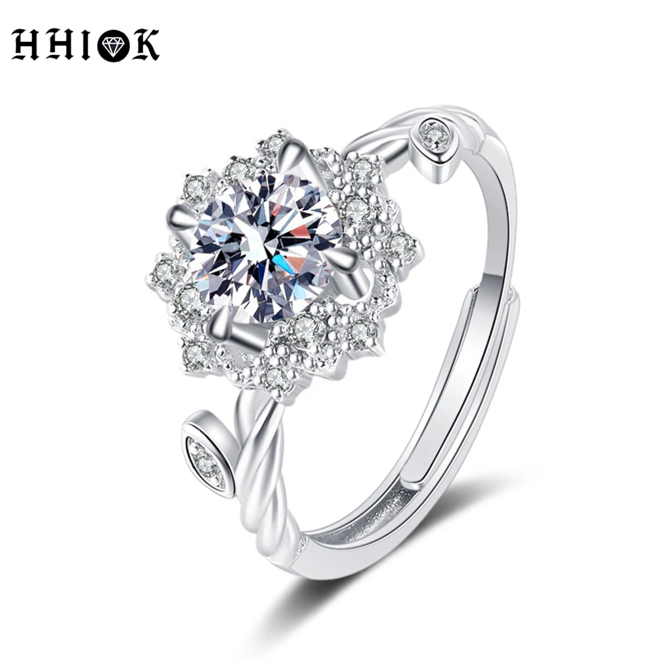 

HHIOK Fashion Dazzling S925 Sterling Silver Flower Mosan Stone Ring 1 Carat Opening Adjustable Diamond Wedding Ring For Women