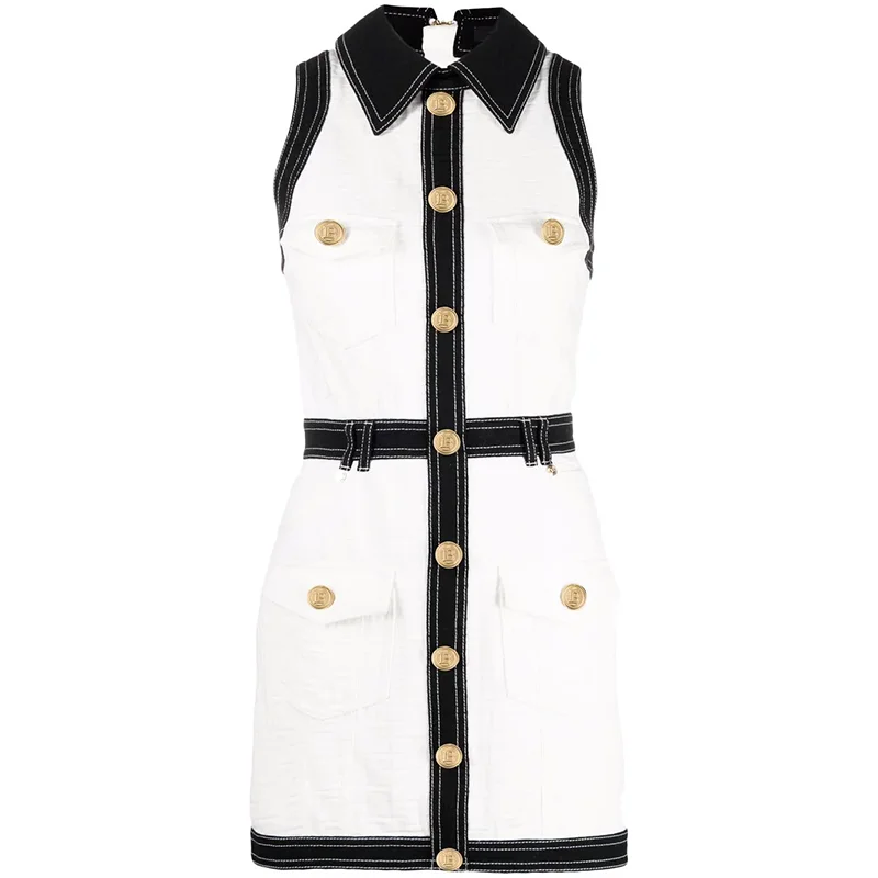 

HIGH STREET Newest 2023 Designer Women's Turn-down Collar Buttons Monogram Jacquard Sleeveless Sheath Dress