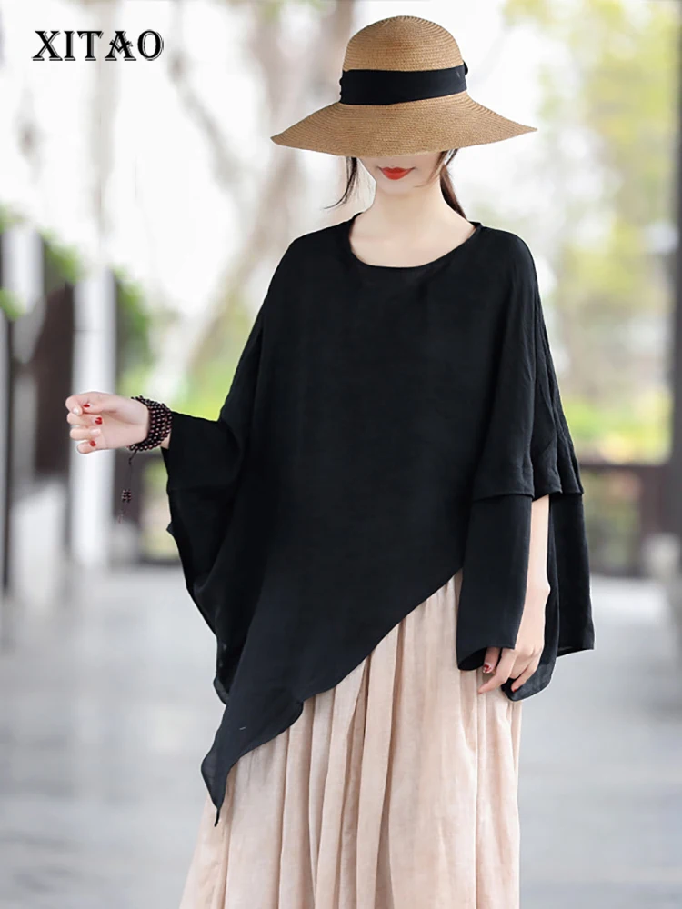 

XITAO Asymmetrical T-shirt Women Casual Patchwork Top Loose Fashion Solid Color Simplicity Vintage All-match T-shirt SMH1883