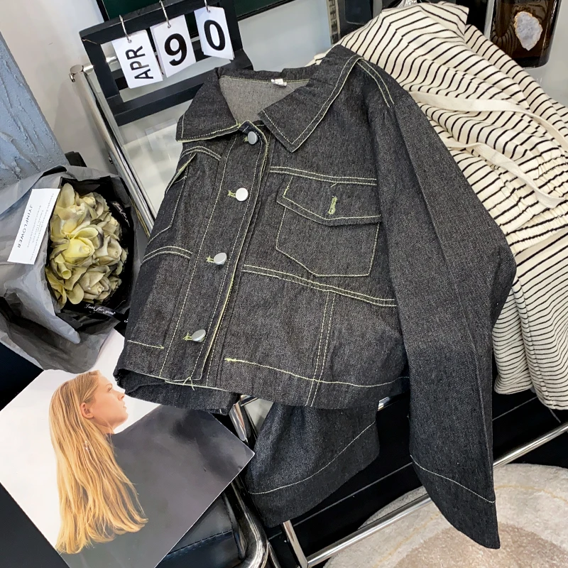 Новинка 2023 черное однобортное джинсовое пальто с отложным воротником топ