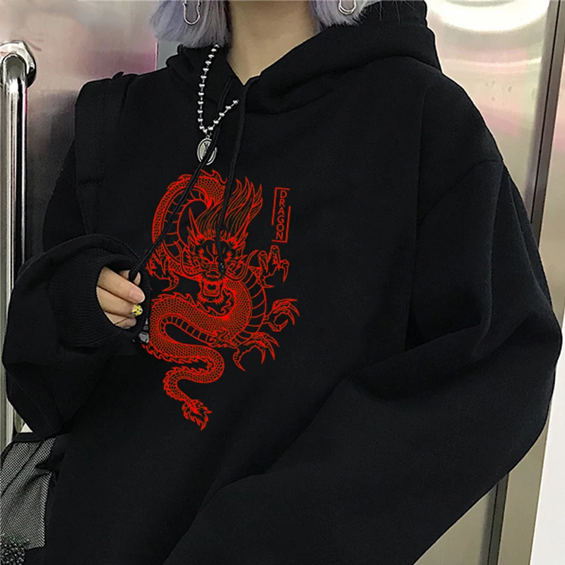 

Hip Hop Women Hoodie Vintage Chinese Dragon Print Hooded Sweatshirt Oversized Loose Harajuku Hip Hop Street Pullover Lady Hoodie