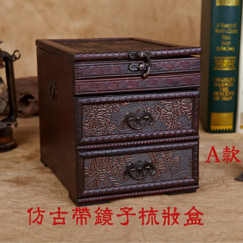 Luxury Retro Vanity Box Desktop Storage Box Jewelry Drawer Wood Creative Jewelry Storage Box Case Double Layer with Mirror Gift