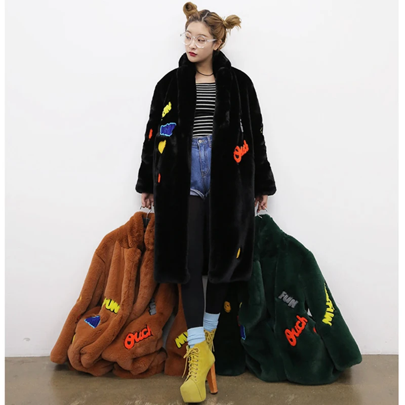 Rex Rabbit Faux Fur Coat Women 2022 Autumn Winter Long Jackets Female Casual Thick Warm Loose Coat Vintage Embroidery Clothes