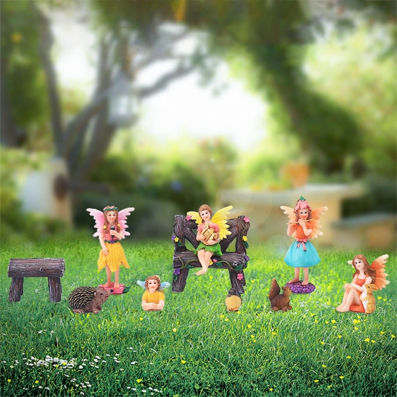 

Resin Fairy Garden Miniature Figurine Set Angle Girl Squirrel Rabbit Statue for Home Indoor Outdoor Garden Doll House Room Decor