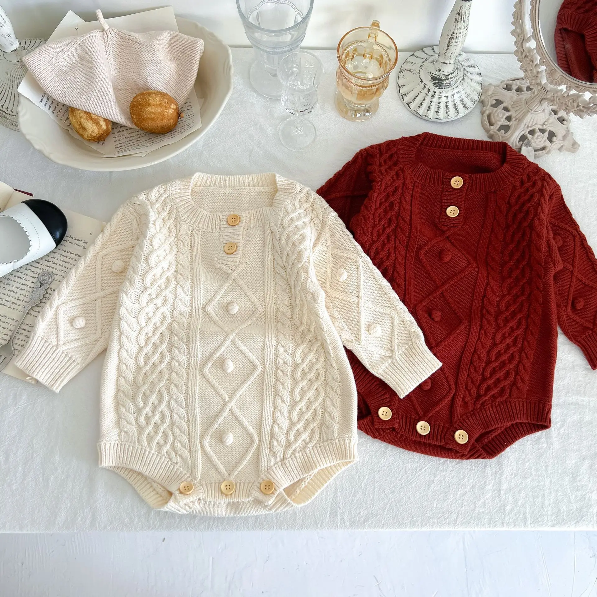 

Boy Solid Long Sleeves Sweater Bodysuit Fashion Diamond Lattice Jumpsuit Girl Baby Simple Cotton Knitting Outfits One Piece