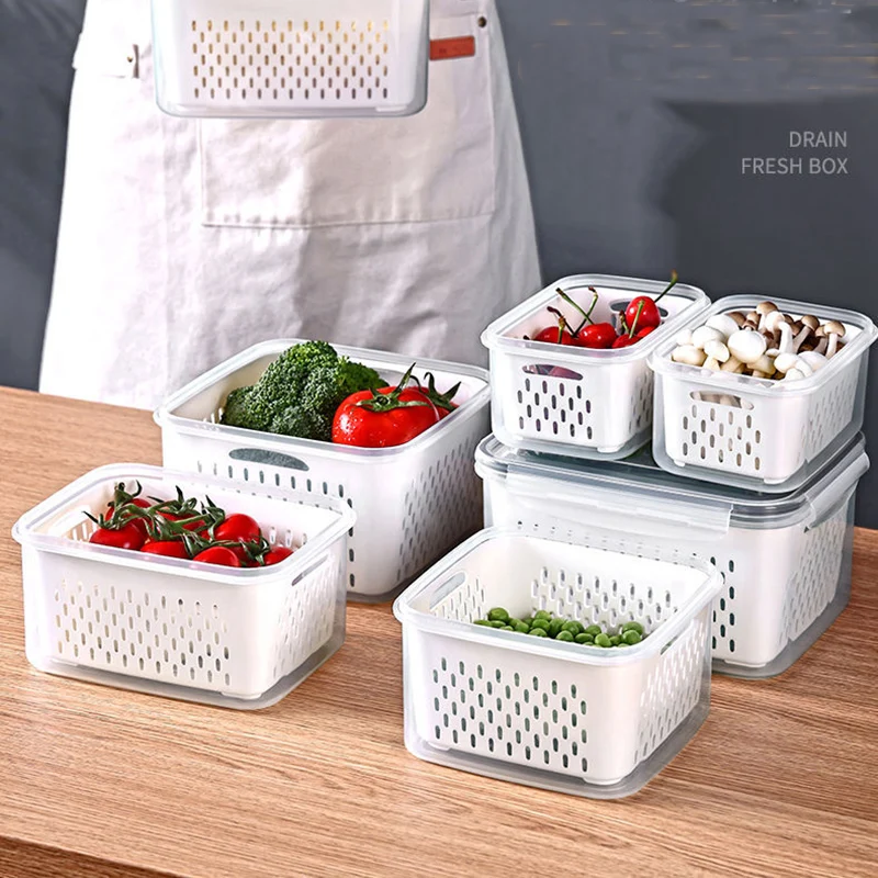

Kitchen Storage Box Refrigerator Keeping-Fresh Box Vegetable Fruit Drain Crisper Multifunctional Plastic Basket Container With L
