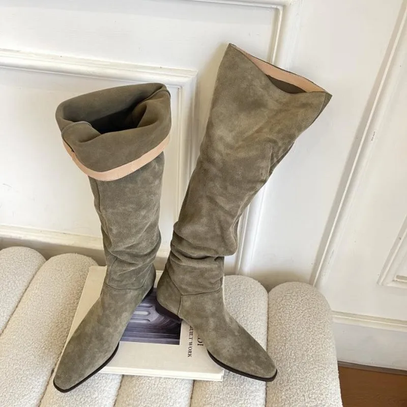 

Knee- High Boots Wide Calf Spring Autumn Woman Boots Bohemia Slouchy Boots Lady Slip On Simple Pleated Cow Suede Winter Botas