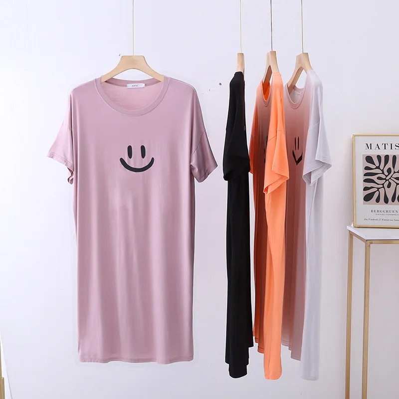 Ms pajamas modal short-sleeved summer long thin ice silk leisure dress can be worn outside women nightgown loose comfortable