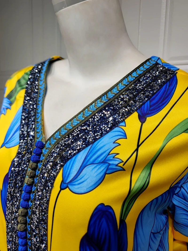 Floral Print Morocco Muslim Dress Women Abaya Kaftan Eid Party Evening Dresses Turkey Dubai Autumn Islam Long Robe Femme Vestido