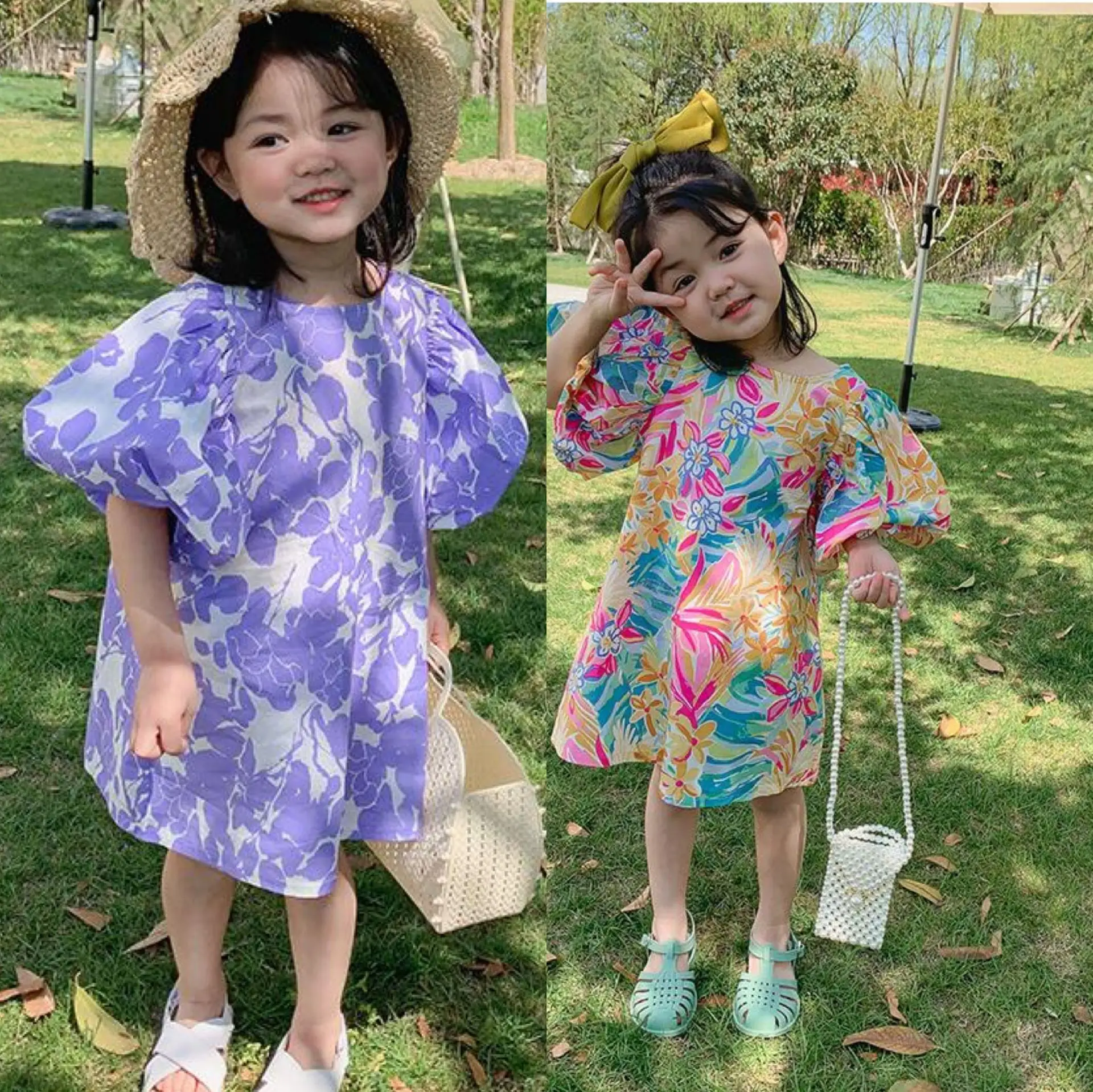 

Children's Flower Dress Summer Girls' Puffed Sleeves Princess Dress Children Shirt Children's Clothing Loose Pastoral Style