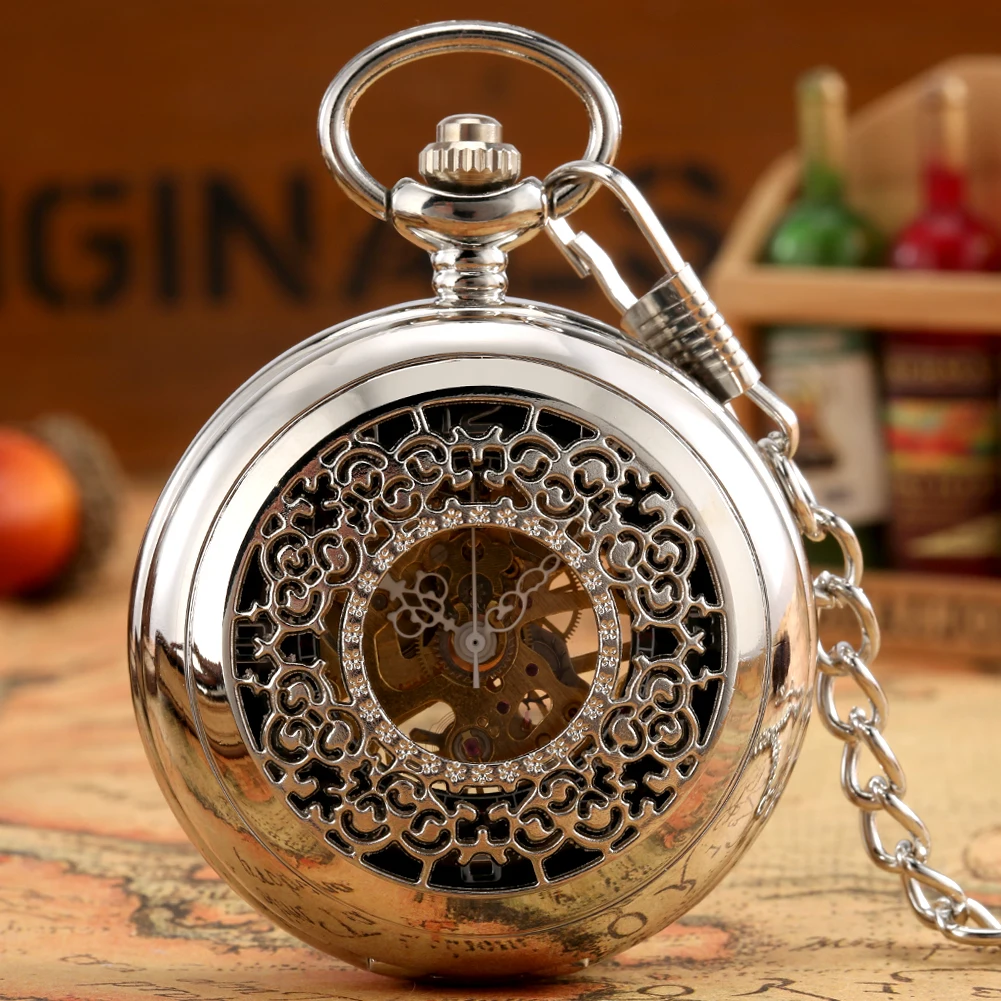 Hollow Half Hunter Silver Mechanical Pocket Watch Arabic Numerals Display Vintage Luxury Hand Winding Pocket Timepiece