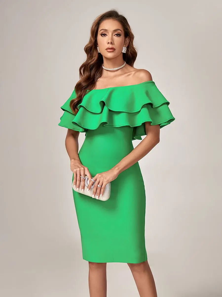 Green Bandage Dress Midi Elegant Woman Dress for Party Ruffle Sexy Off Shoulder Evening Birthday Club Outfit 2023 Summer