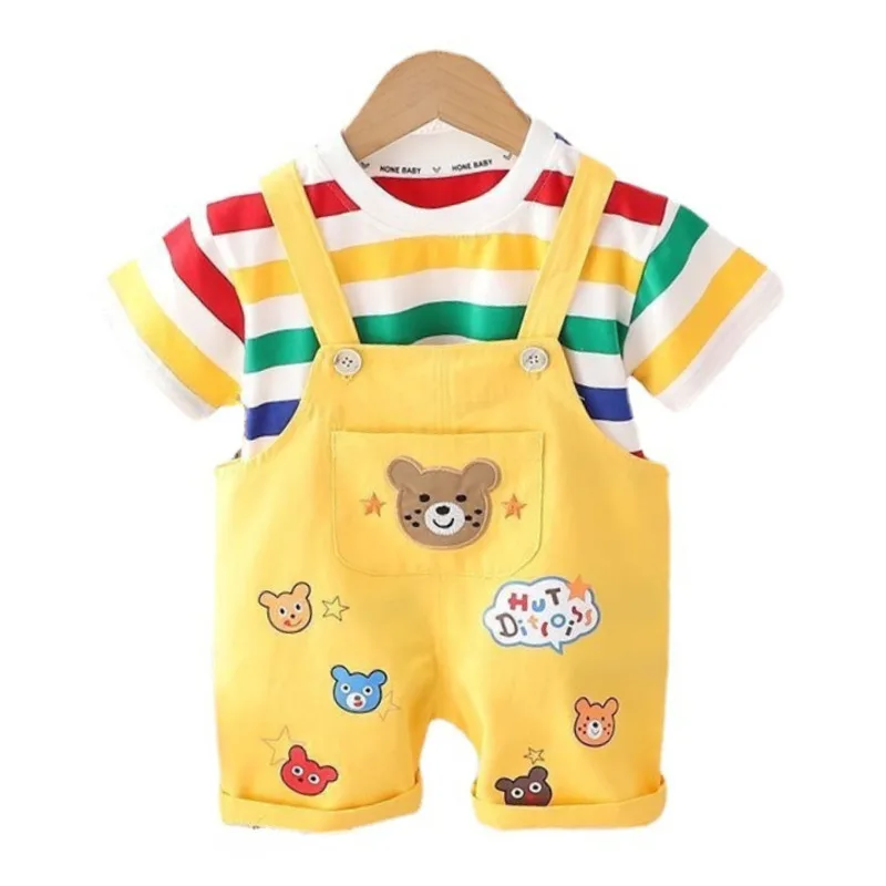 

New Summer Baby Clothes Suit Children Boys Girls Casual Striped T-Shirt Overalls 2Pcs/Set Toddler Fashion Costume Kids Tracksuit