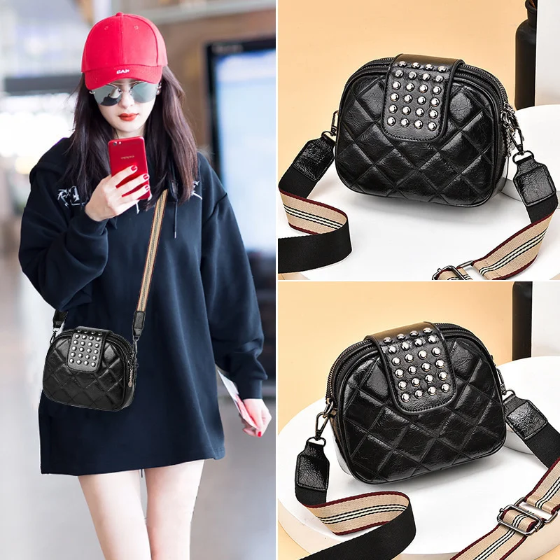

New rivet embroidered line width shoulder strap small round bag simple net red lovely single shoulder diagonal cross texture
