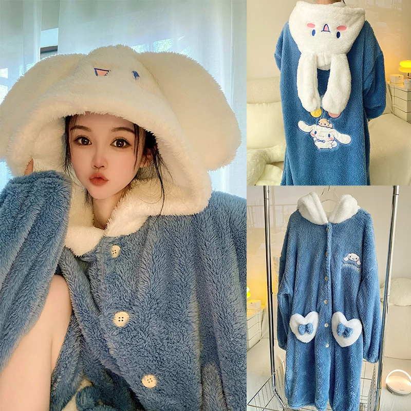 

Ночная рубашка Cinnamorol женская большая Пижама осень-зима коралловый бархат утолщенная ночная рубашка Kawaii Sanrio длинный халат