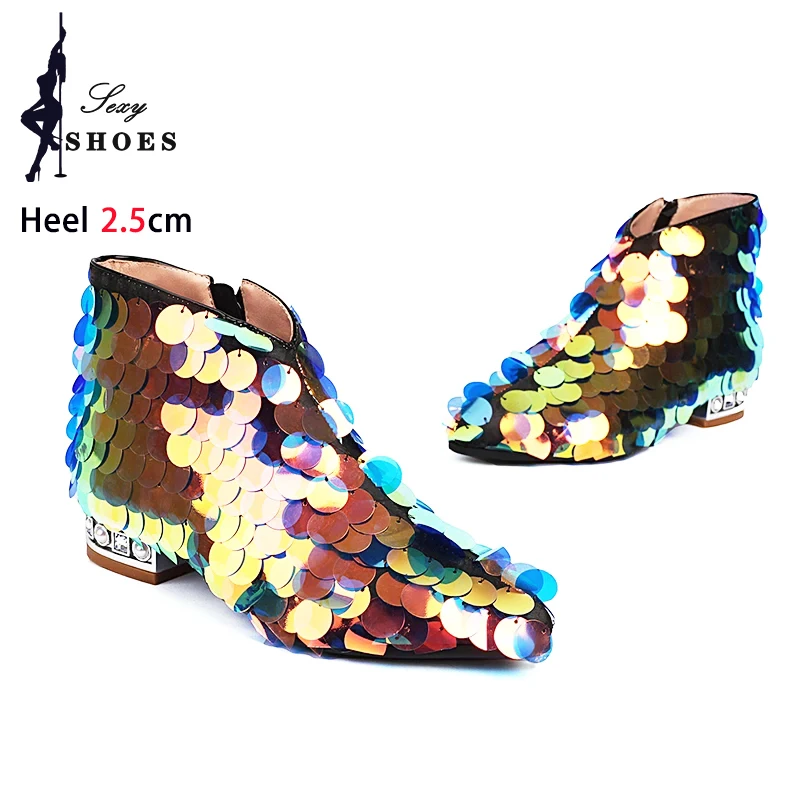 Женские ботильоны на низком каблуке женские блестящие Ботинки с блестками и