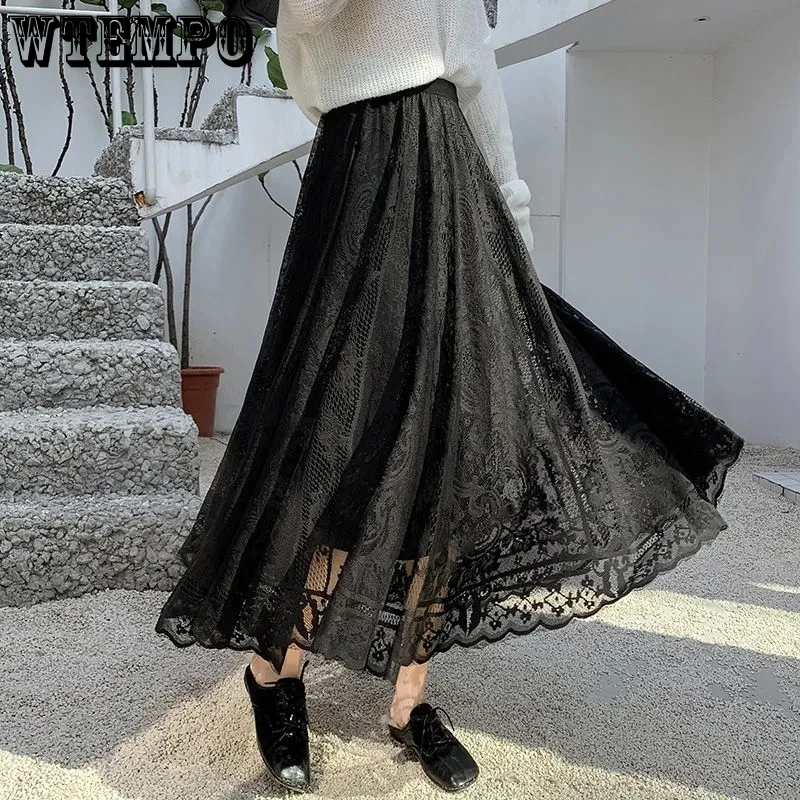 Юбка женская кружевная трапециевидная с высокой талией длинная модная ажурная