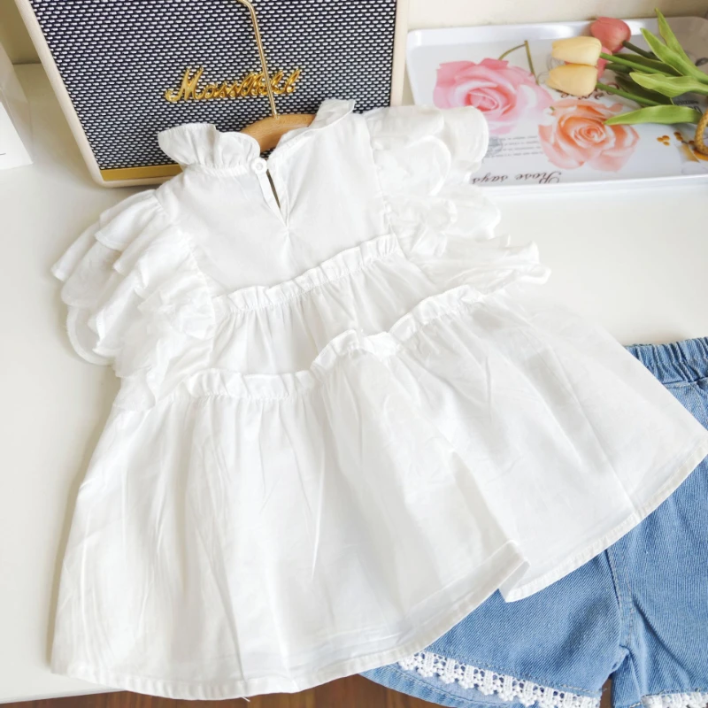 

Летние Детские комплекты одежды для девочек, милая белая блузка, кружевные джинсовые шорты, 2 предмета, Повседневная Уличная одежда для От 2 до 9 лет, детей