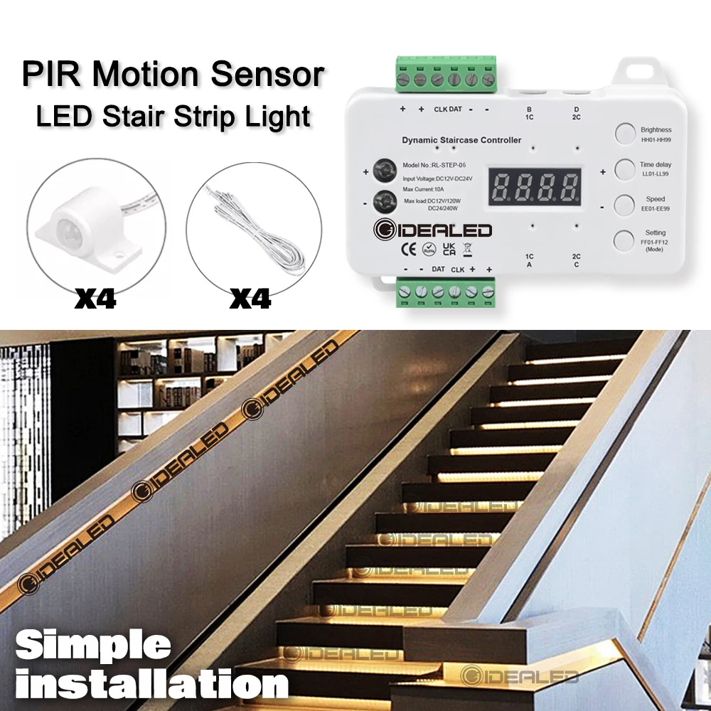PIR Motion Sensor COB LED Light Strip Stair Dimming Easy Connect & Installation For Stairs Step Smart Controller with 4 sensor