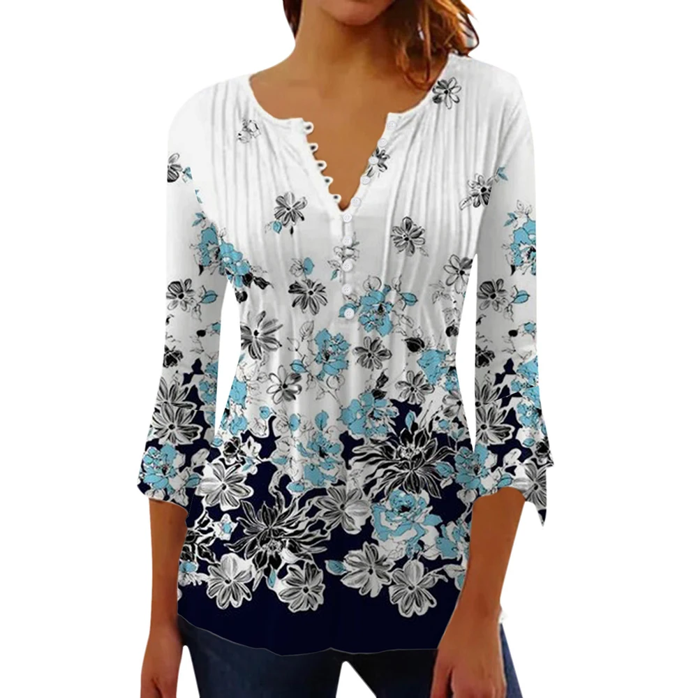 

Женская футболка на пуговицах с V-образным вырезом, летняя уличная модная одежда высокого качества, свободная повседневная футболка с рукавом и принтом