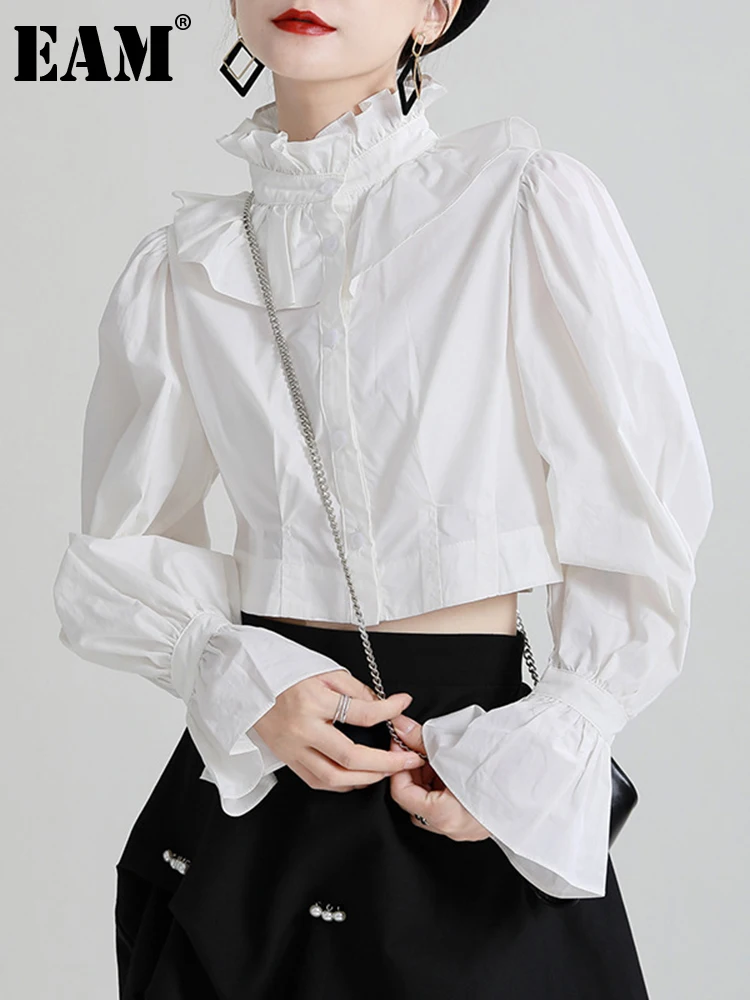 

[EAM] Women White Short Blouse New Stand Collar Long Lantern Sleeve Loose Fit Shirt Fashion Tide Spring Autumn 2023 1DE1740