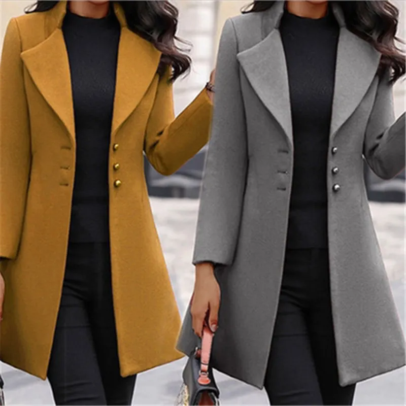 

Женское шерстяное пальто, однобортное пальто желтого и черного цвета с воротником-стойкой, облегающая куртка в Корейском стиле, Осень-зима 2022