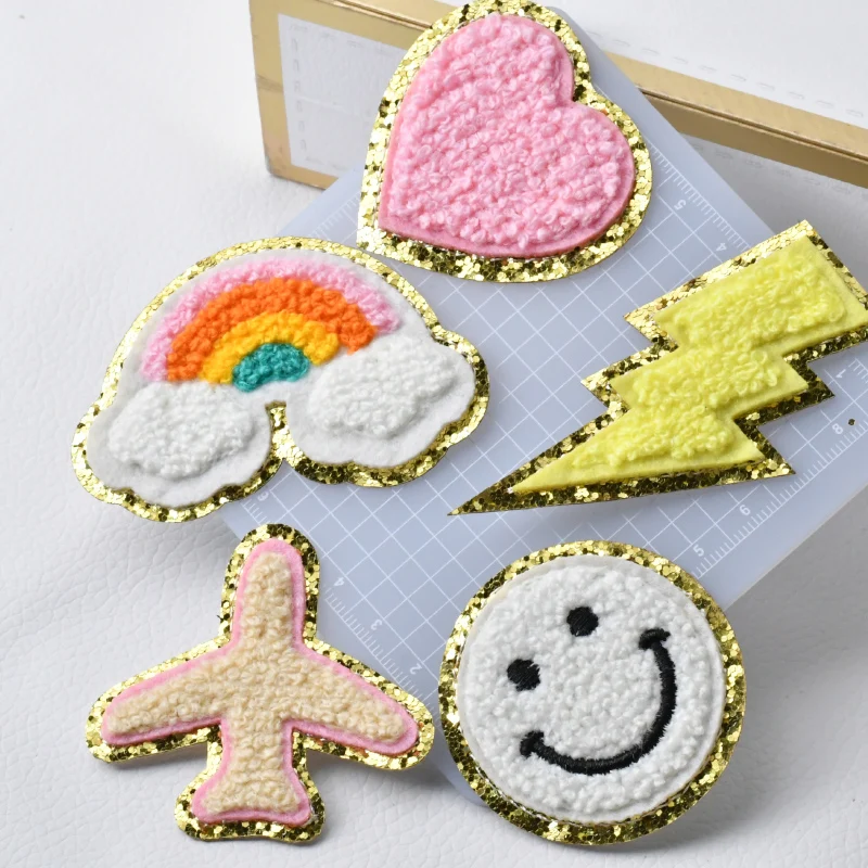 On Chenille Embroidery Patches Alphabet Rainbow Lightning Airplane Applique Clothing Stickers