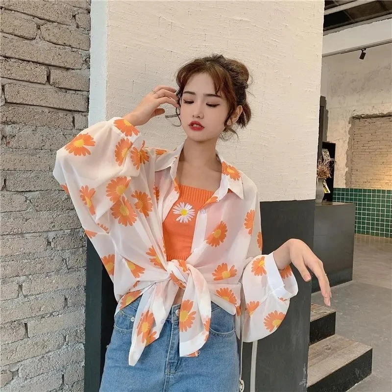 

2023 Summer Flower Print Thin Sunscreen Coat And Sleeveless Suspenders Tops Women Casual Chiffon Sunscreen Shirt Ladies Jacket
