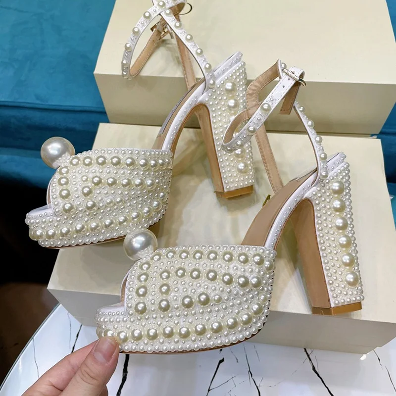 

Sexy Chunky Heels White Pearl Women Sandals Slingback Ankle Strap Female Wedding Shoes Peep Toe Crystal Celebrating Pumps