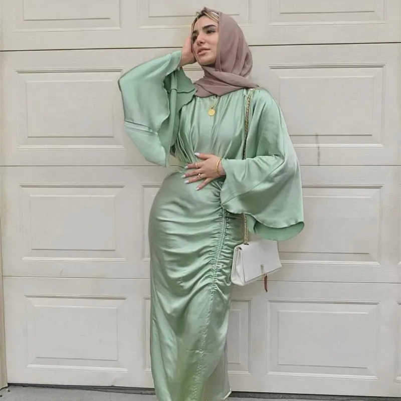 

Ramadan Eid Djellaba Feminine Muslim Dress Dubai Shiny Soft Silky Satin Abaya Dubai Turkey Muslim Dress Islam Abayas Robe WY805