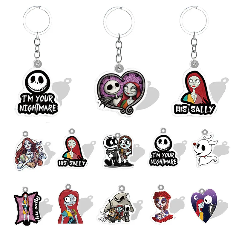 

New Disney Creative Key Chain Cartoon Jack Skellington Sally Heat Shrink Resin Pendant Bag Hanging Decoration Halloween Toy Gift