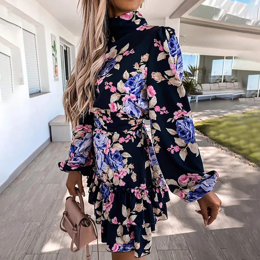 

Floral Print Loose Mini Dress Women's Long Sleeve High Neck Fashion Dress Women Casual Wear 2022 Spring and Autumn New