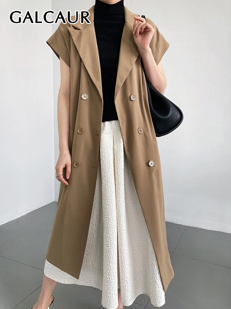 

GALCAUR Streetwear Black Vest Coat For Women Notched Collar Short Sleeve Solid Minimalist Loose Coats Female Fashion Clothes New