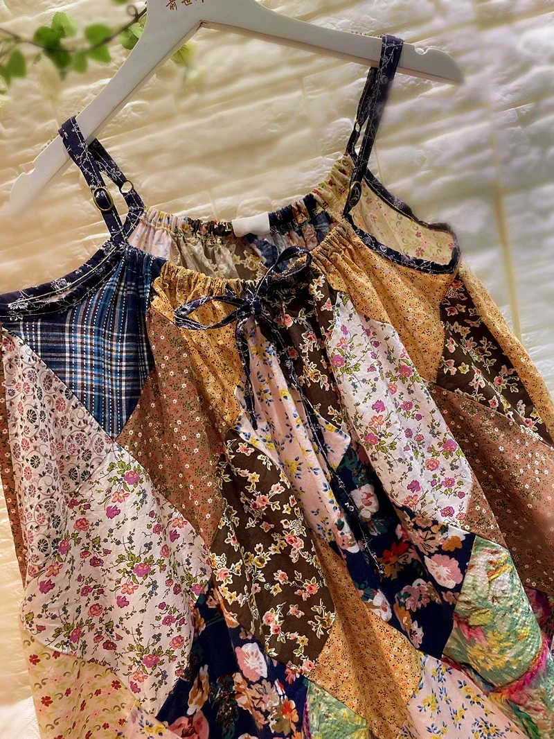 Летнее винтажное хлопково-льняное платье на тонких бретельках в стиле пэчворк Wura