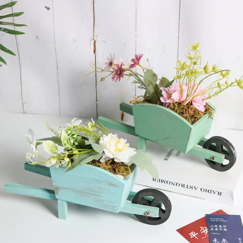 Creative wooden flowerpot simulated potted plant artificial flower sitting room desktop trolley plastic bonsai table decoration