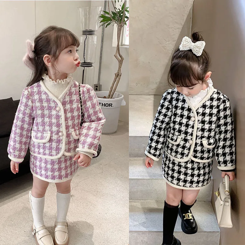 

Boutique Outfits for Kids 1-7T Party Baby Girls Clothing Sets 2Pcs Elegant Tweed Suits Autumn Winter Preppy Sweater Skirt