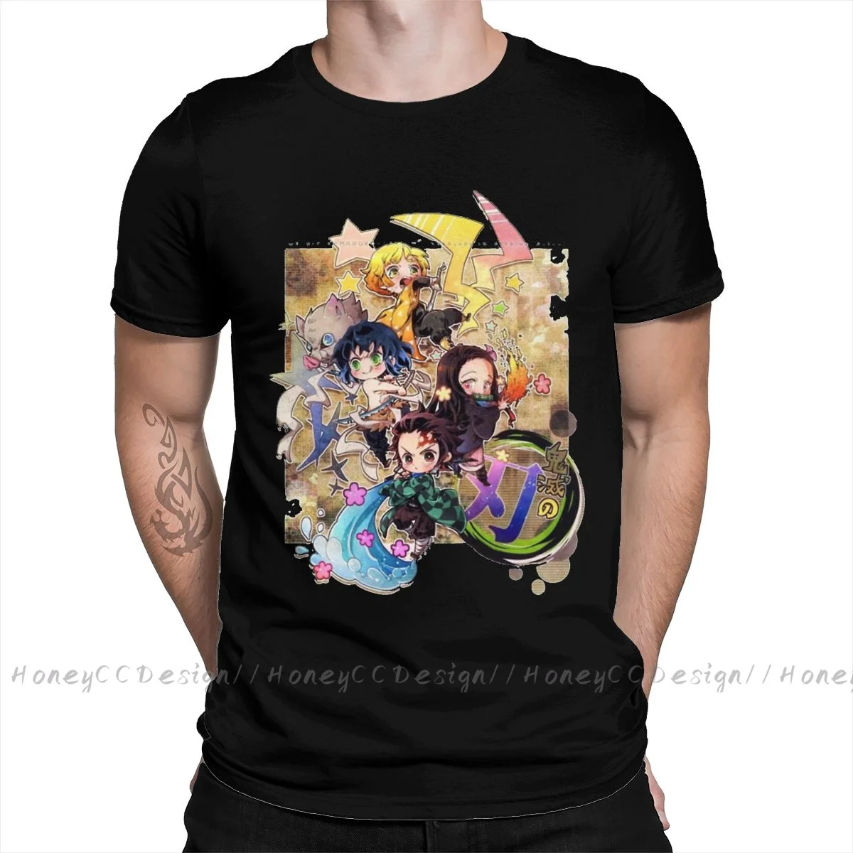 

High Quality Men Demon Slayer Black T-Shirt Demon Slayer Anime Characters Chibi Arts Pure Cotton Shirt Tees Harajuku TShirt
